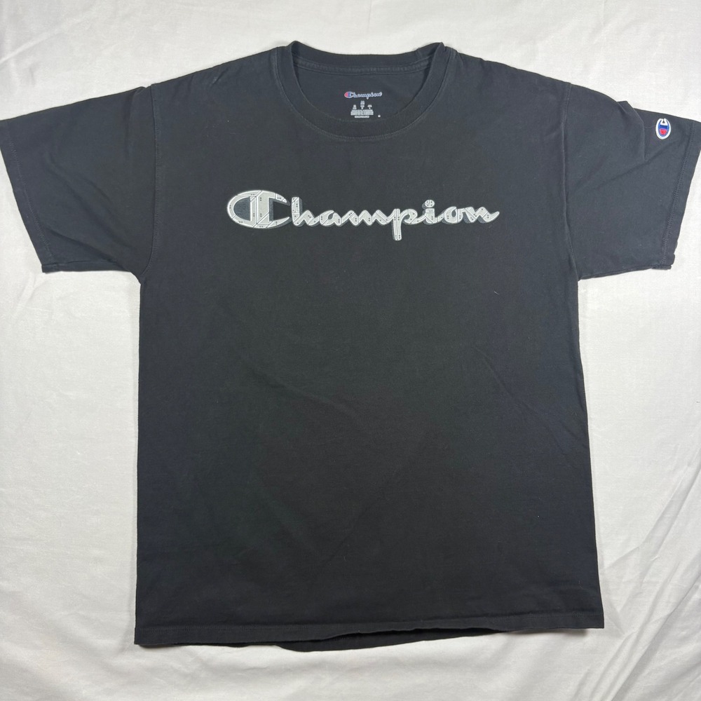 Champion Graphic T-Shirt Mens Medium Black Industrial Mechanical Logo Streetwear